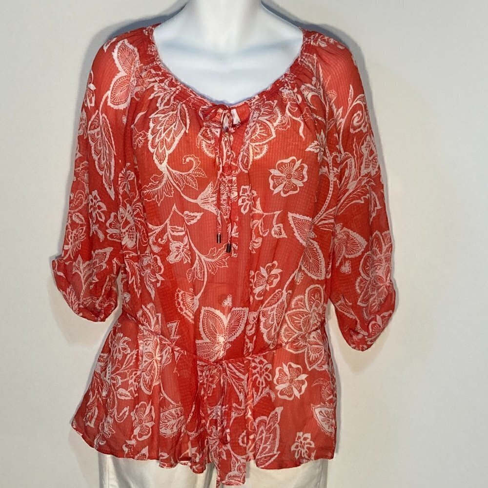 Motherhood SZ 1X Red & White lightweight peasant roll tab sleeve maternity top